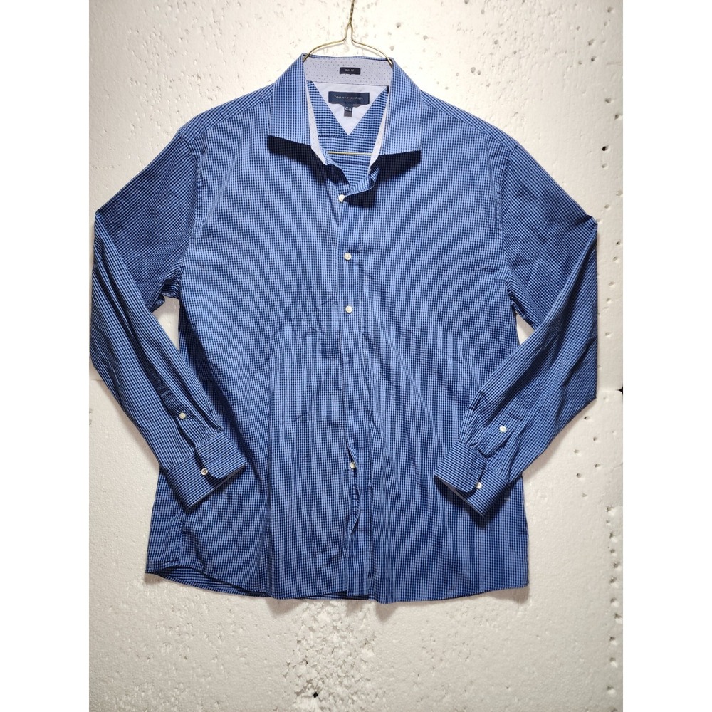Tommy Hilfiger Shirt Mens Size 17 1/2 Blue Check Collared Long Sleeve Button Up